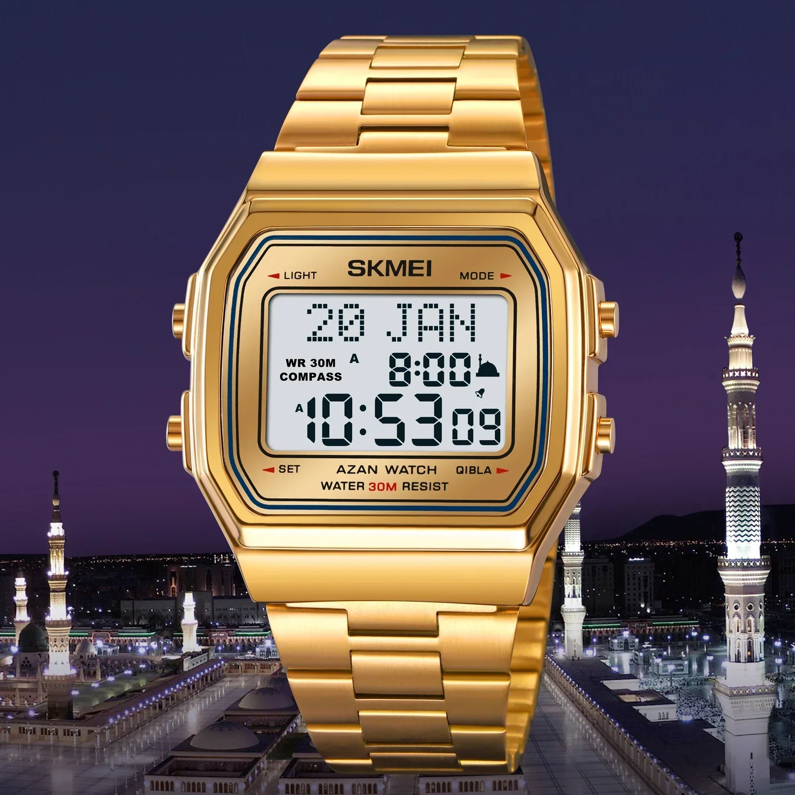 SKMEI Back Light Display Stopwatch Sports Watches Mens Muslim Prayer Azan Compass Alarm Hijri Islamic Digital Wristwatches 2113