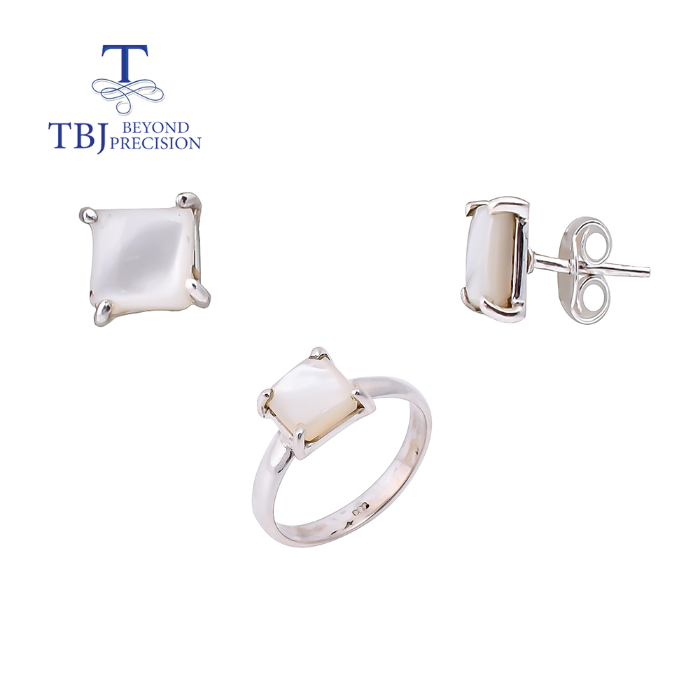 Sterling sier Jewelry set natural Mother of pearl square 7mm earring ring fine jewelry for girls nice gift 2614f