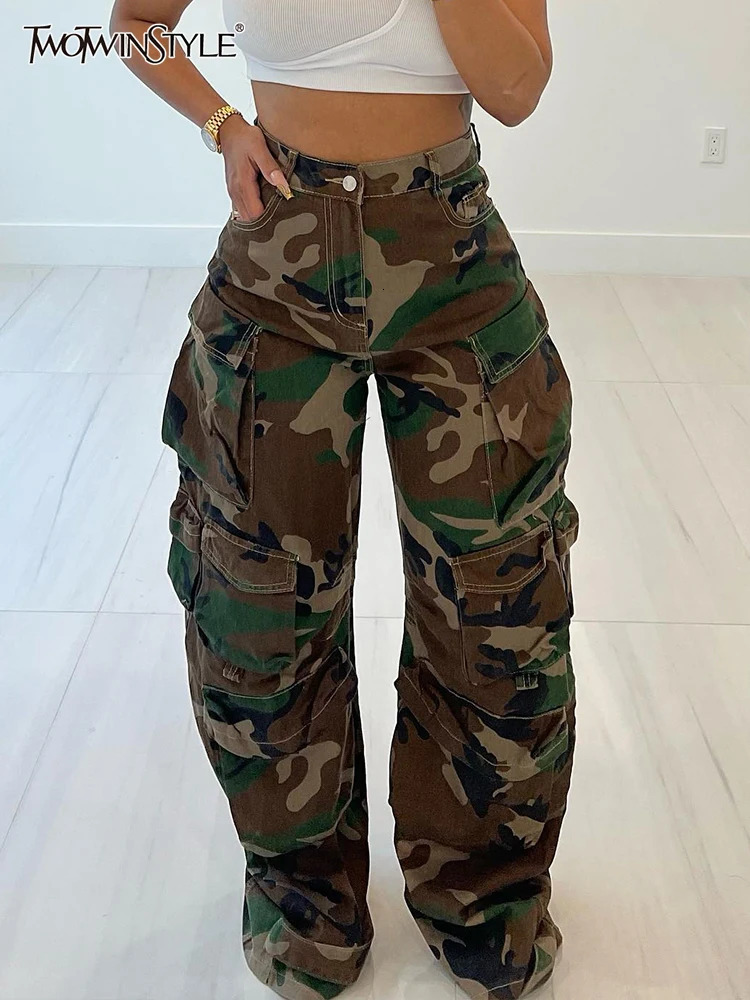 TWOTWINSTYLE Colorblock Patchwork Botton Loose Pants For Women High Waist Spliced Pockets Full Length Trouser Female Fashion 241112