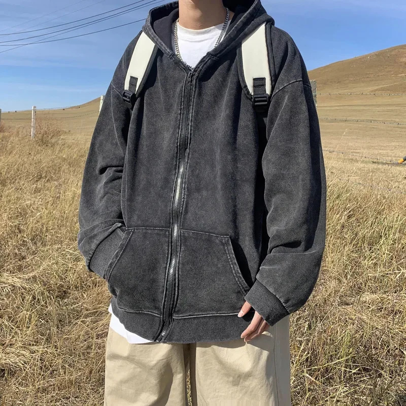 Trendy Vintage Hooded Cardigan Sweatshirt For Men Loose Fit Style Spring Autumn Season Ins Washing Couple Student Jacket 241111