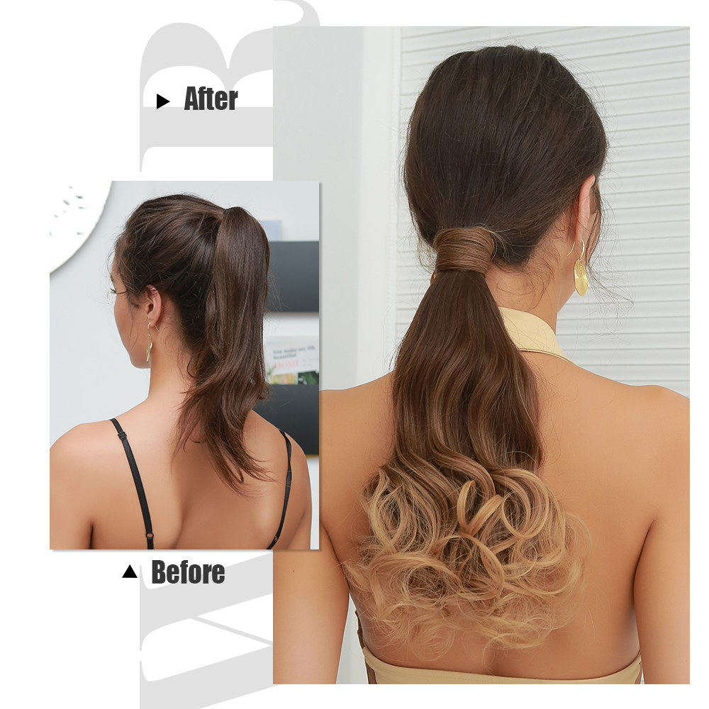 HAIRCUBE Brown Blonde Ombre Hair Extensions Short Wavy Wrap Around Clip In Ponytail Fake Hair Heat Resistant Synthetic Hairpiece 45b3f