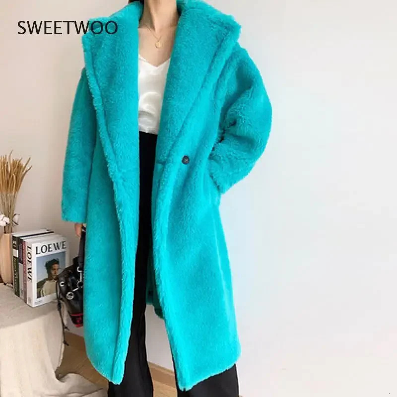 Womens winter faux fur warm long coat womens thick teddy bear coat casual loose oversized coat purple yellow 241112