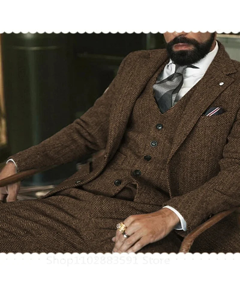 3 Piece Jacket Vest Pants Gray Wool Tweed Winter Men Suits For Wedding Herringbone Male Formal Groom Tuxedo Fashion 241111