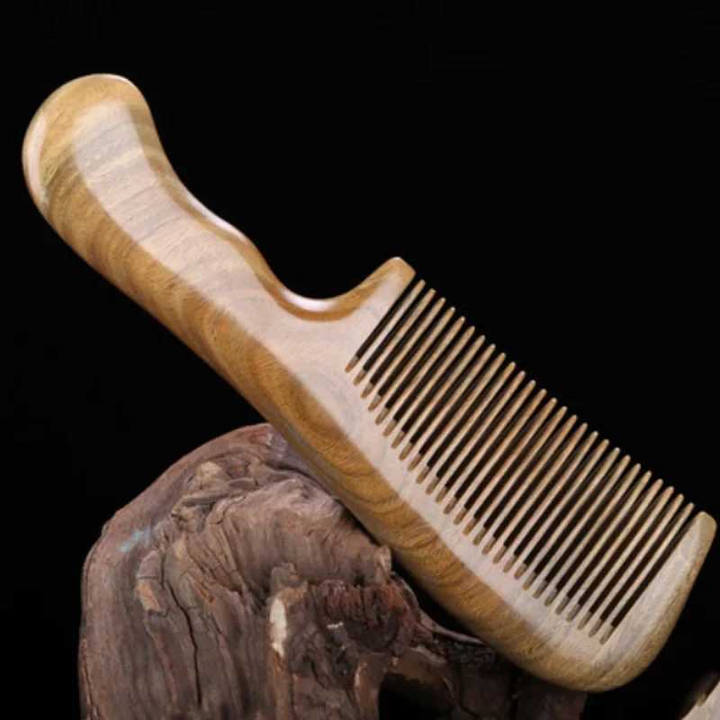 Natural Green Sandalwood Comb 9cm Long Handle Electric Comb Curling Straight Hair Natural Wooden Comb W241112
