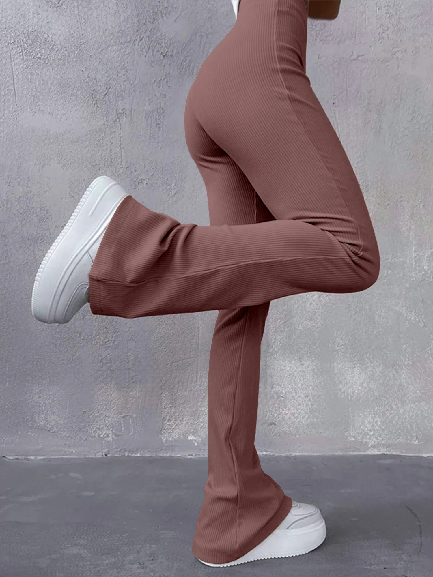 Womens Sexy Slim Pants Ribbed Solid Color High Waisted Flared Showing Longer Legs Allmatch Sports Long 241108