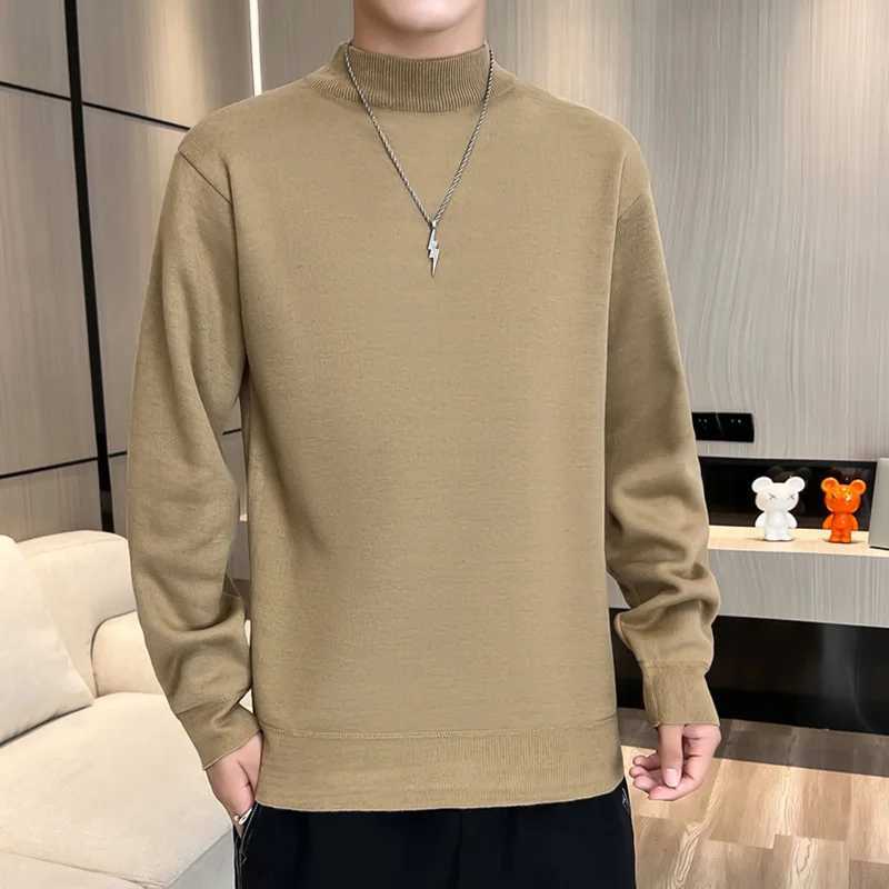 Mens casual slim fit basic warm half turtle neck knitted sweater mens white floral half neck autumn and winter top W2411111
