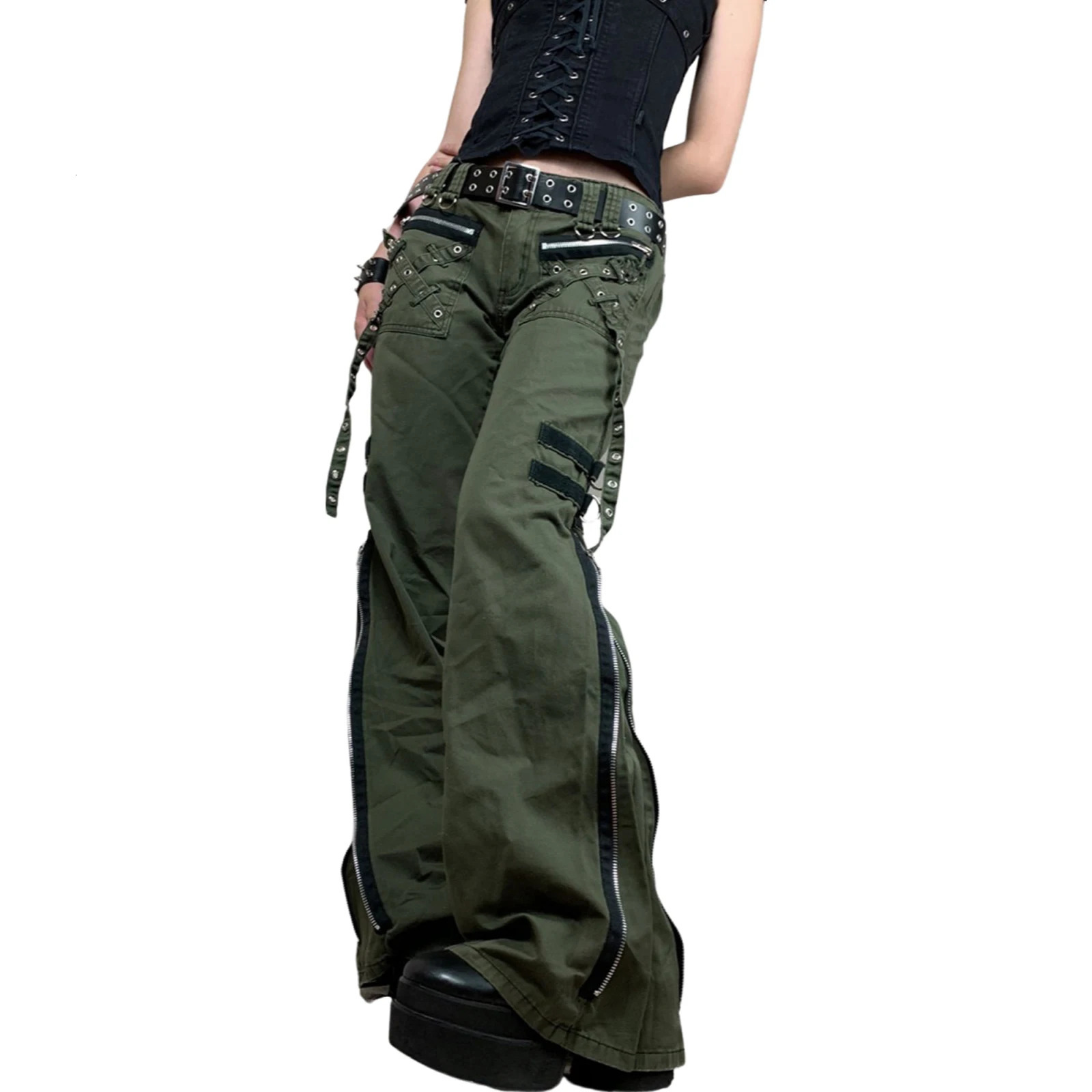 Y2k Fashion Punk Style Autumn Cargo Pants Punk Low-Waist Zipper Fly Casual Pants with Pockets for Girls Green 241112
