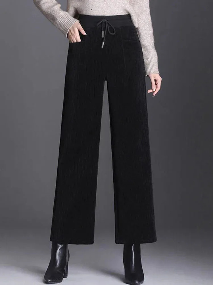 Womens thick winter wide leg pants warm velvet Corduroy casual pants pockets high waist oversized 5XL straight sports pants 241112