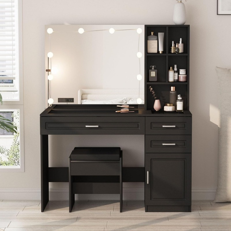 White Vanity Desk with Mirror and Lights,Glass Top Vanity Table with 3 Drawers and Cabinets,Large HD Mirror Makeup Desk,45 in(L)