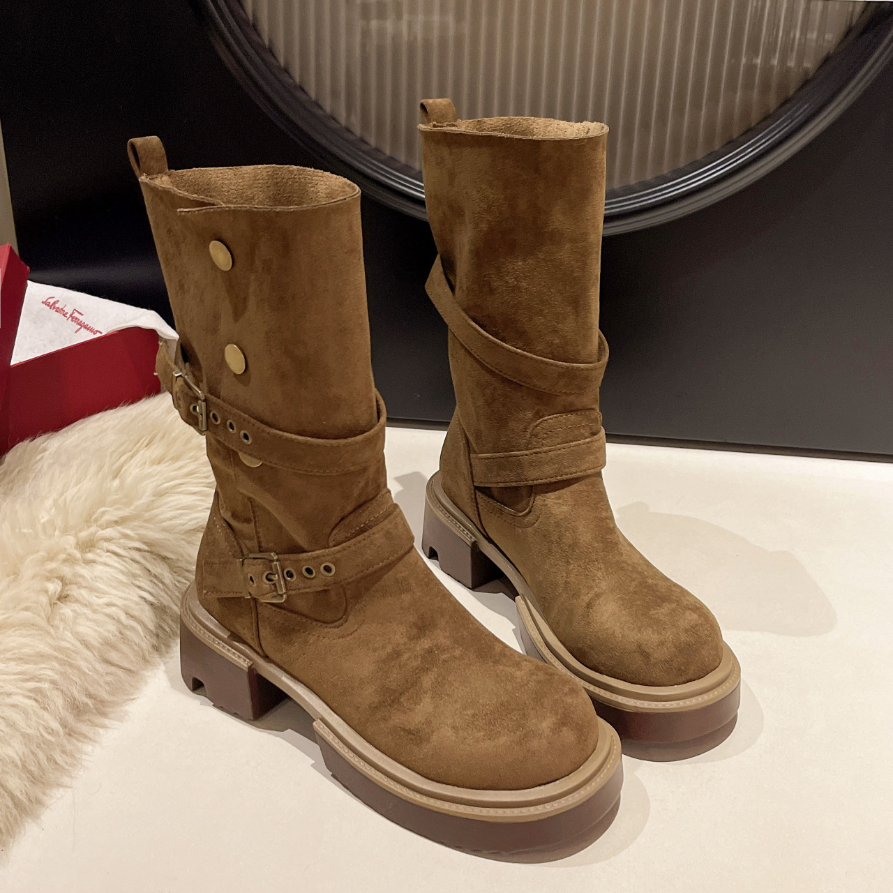 Women's Boots:Fashion Design Sense Retro Thick Sole Martin Boots Winter 2024 New Style,Khaki,Free shipping