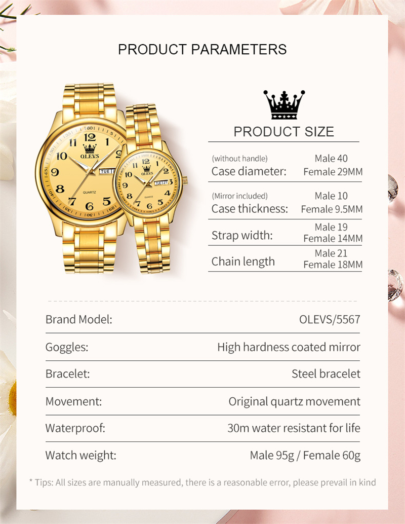 OLEVS 5567 Golden Quartz Couple Watches Paired Men and Women Brand Digits Dial Calendar Waterproof Lover's Watches Clock 9f5e0