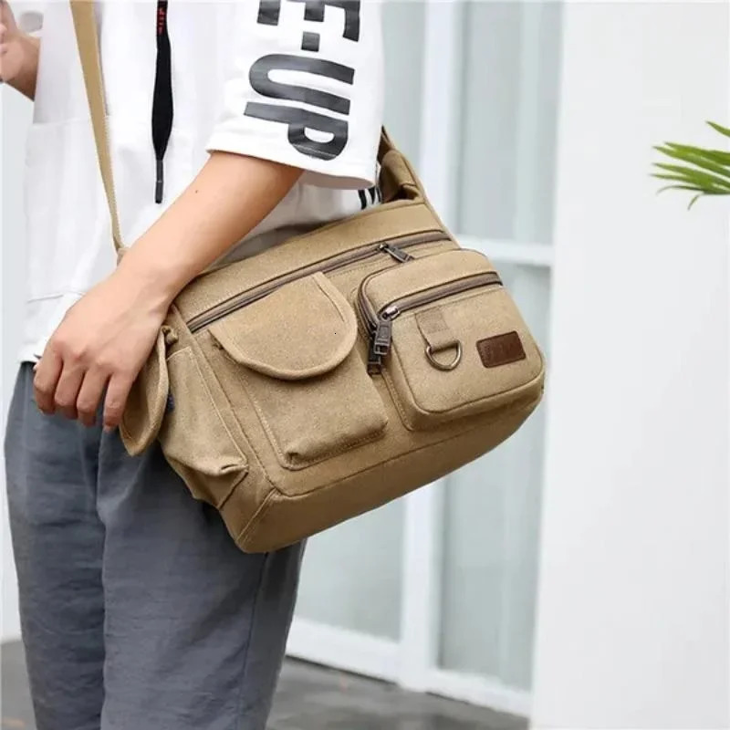 Mens Fashion Canvas Shoulder Bag Large Capacity Multilayer Messenger Student Travel Casual 241111