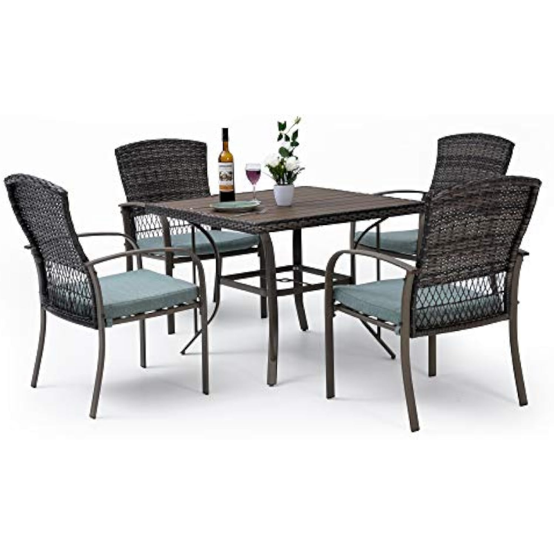 Pamapic Patio 5 Piece, Garden Dining Set, Outdoor Wicker Furniture Set with Square Plastic-Wood Table Top