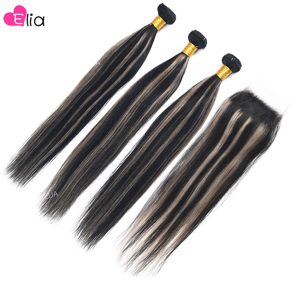 Highlight Grey Hair Bundles with Closure Straight Original Human Hair Extensions 4 Bundles Deal 4x4 5x5 Closure with Bundles 30" 1560b
