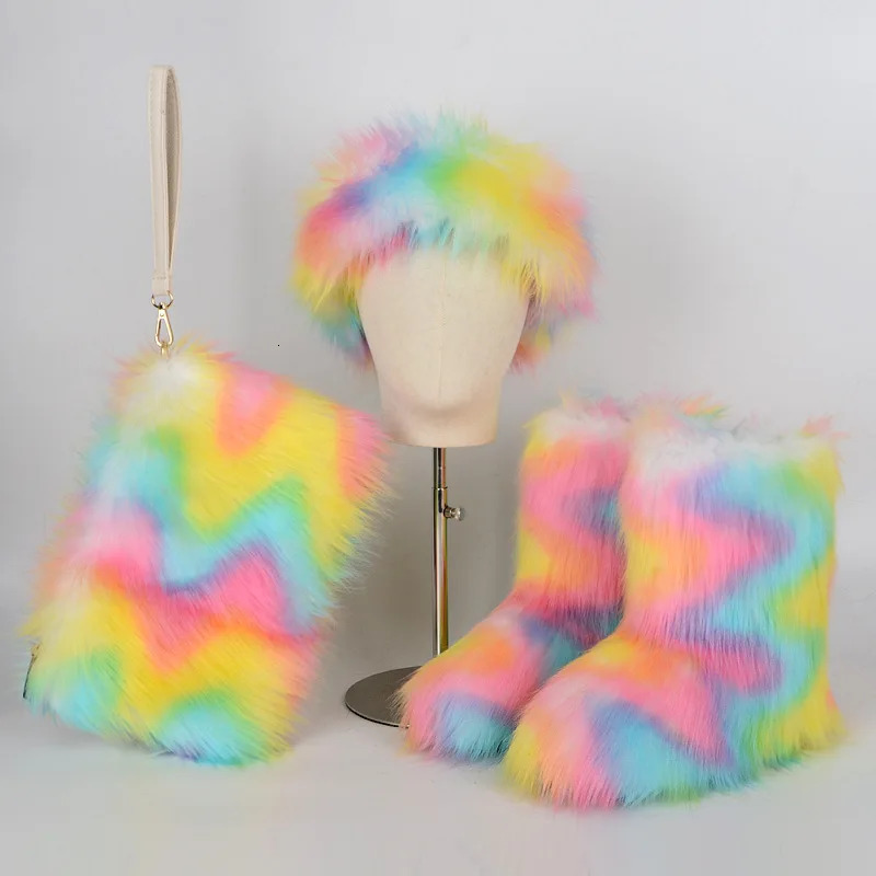 Women Winter High-end Fur Snow Boots Non-slip Womens Shoes Fashion Color Warm Plus Velvet Cotton Boots Warm Headband Handbag 241112