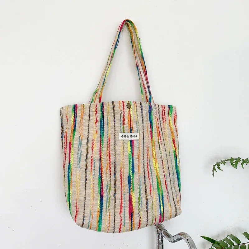 Rainbow canvas shoulder bag womens handbag crochet beach bag casual buckle cute striped shopping handbag 241111