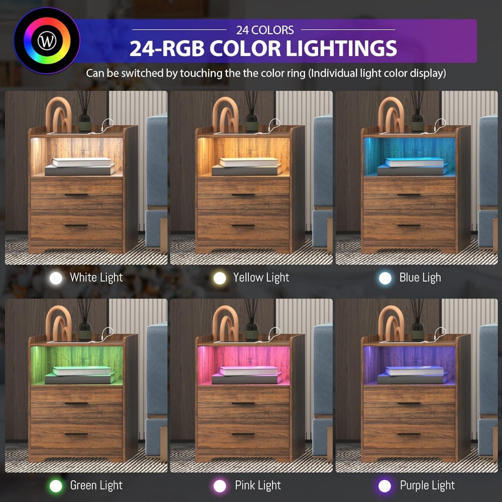 LED Nightstand with Charging Station, Smart Bedside Table with 24-Color RGB LED Lights, Charging Nightstand