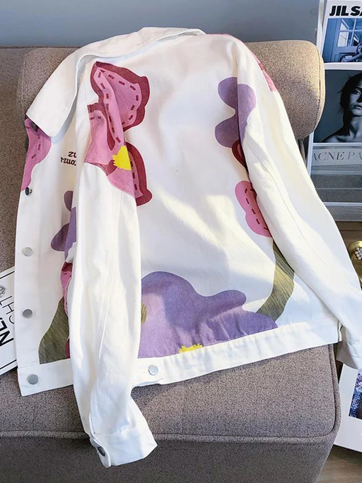 Jmprs Harajuku Womens Denim Jacket Loose Bf Printed Flower Jeans Coat Spring White Y2K Womens Coat 241112
