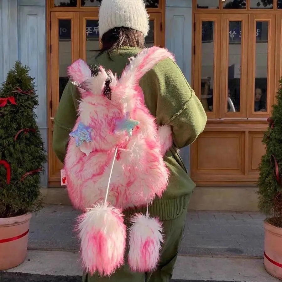 JIAERDI Plush Pink Y2k Backpack Womens Fur Soft Large Capacity Backpack Womens Retro Harajuku Mochila Aesthetics 241111