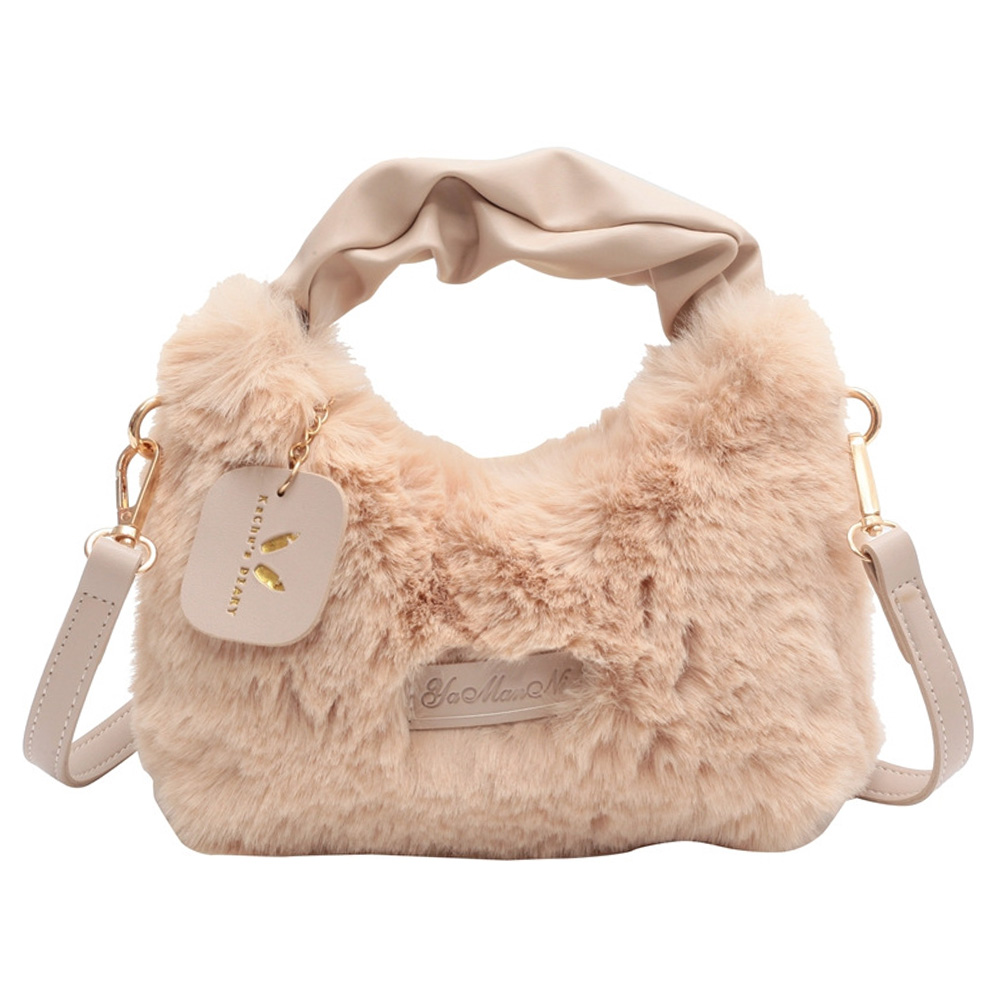 Women Plush Top-Handle Bag Solid Color Furry Satchel Bag Adjustable Shoulder Strap Comfortable Ladies Girls Trendy Bag