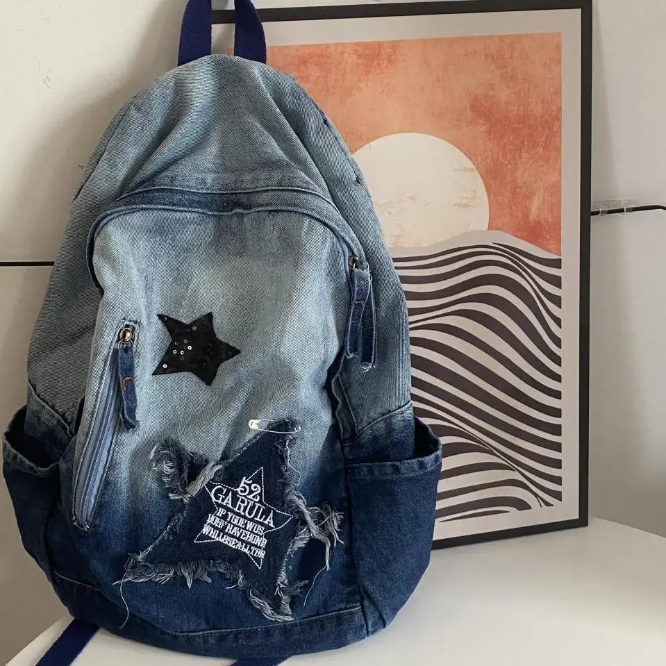 Womens Y2k backpack Korean style denim school bag womens star pattern teenage student backpack book embroidery bag 241111