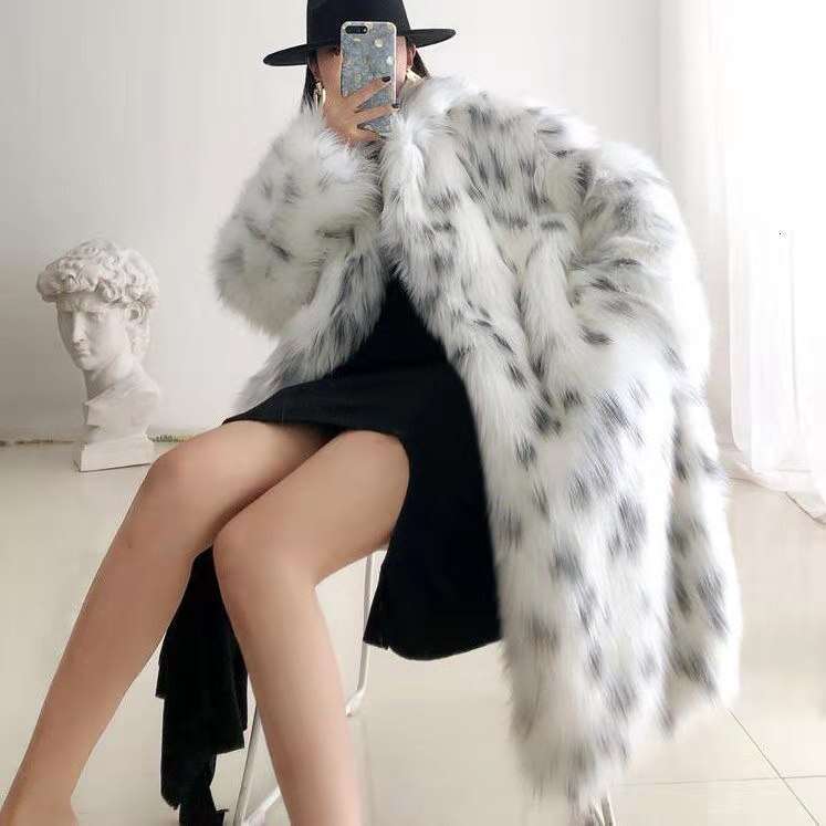 shanshi fur coat women Imitation Korean version medium coat for women black spot pattern long loose imitation fox fur