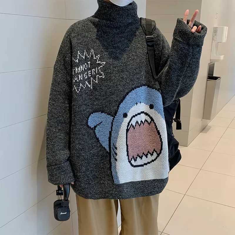 Black Shark Turtle Neck Sweater Mens Knitted Pullover Y2k 2024 Winter Harajuku Korean style Ultra fine High Neck Sweater W2411111
