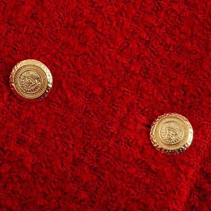 TRAF Womens Coarse Felt Texture Coat Womens Jacket Office Wear Womens Red Double Chest Long Sleeve Jacket 241111