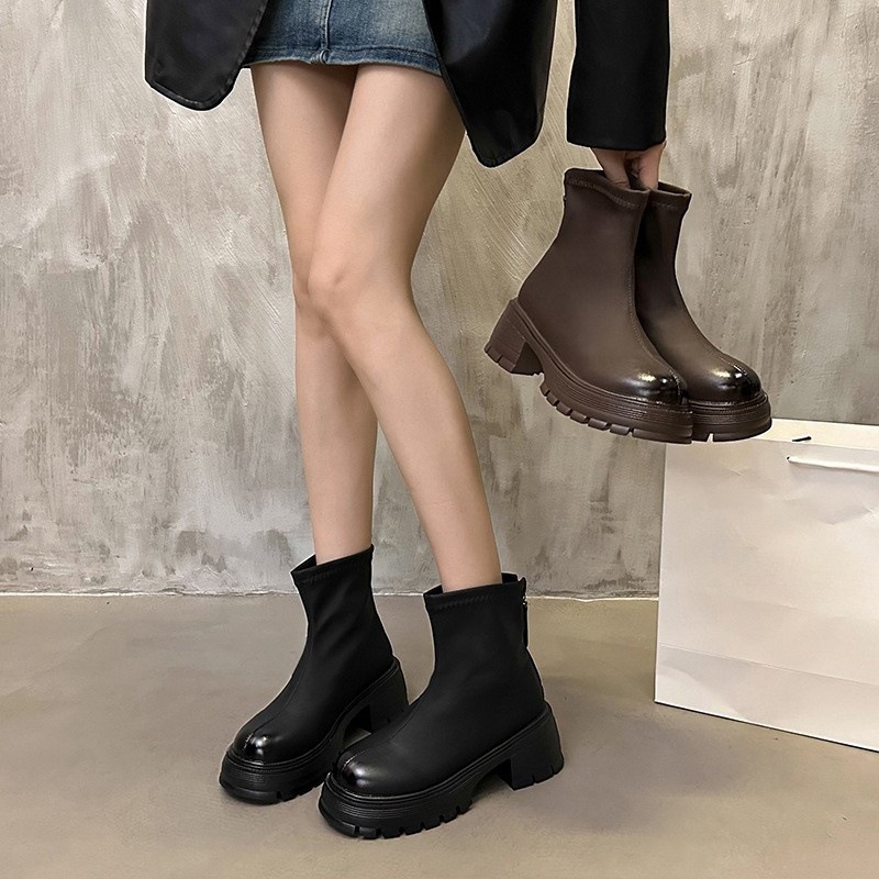 Women's Boots:Fashion Versatile Short Boots Martin Boots 2024 New Thick Sole Increase Height Comfort,Black/Brown,Free shipping