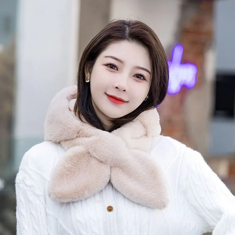 Women Winter Hood Beanies Thick Plush Scarf Hat Set Outdoor Ski Windproof Warm Headgear Solid Fluffy Fur Female Earmuffs Cap