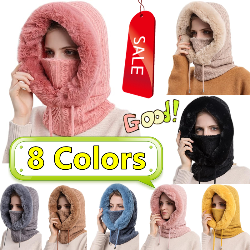 8 Colors Winter Fur Cap Mask Set Hooded for Women Knitted Cashmere Neck Warm Ski Windproof Hat Thick Plush Fluffy Beanies Hood