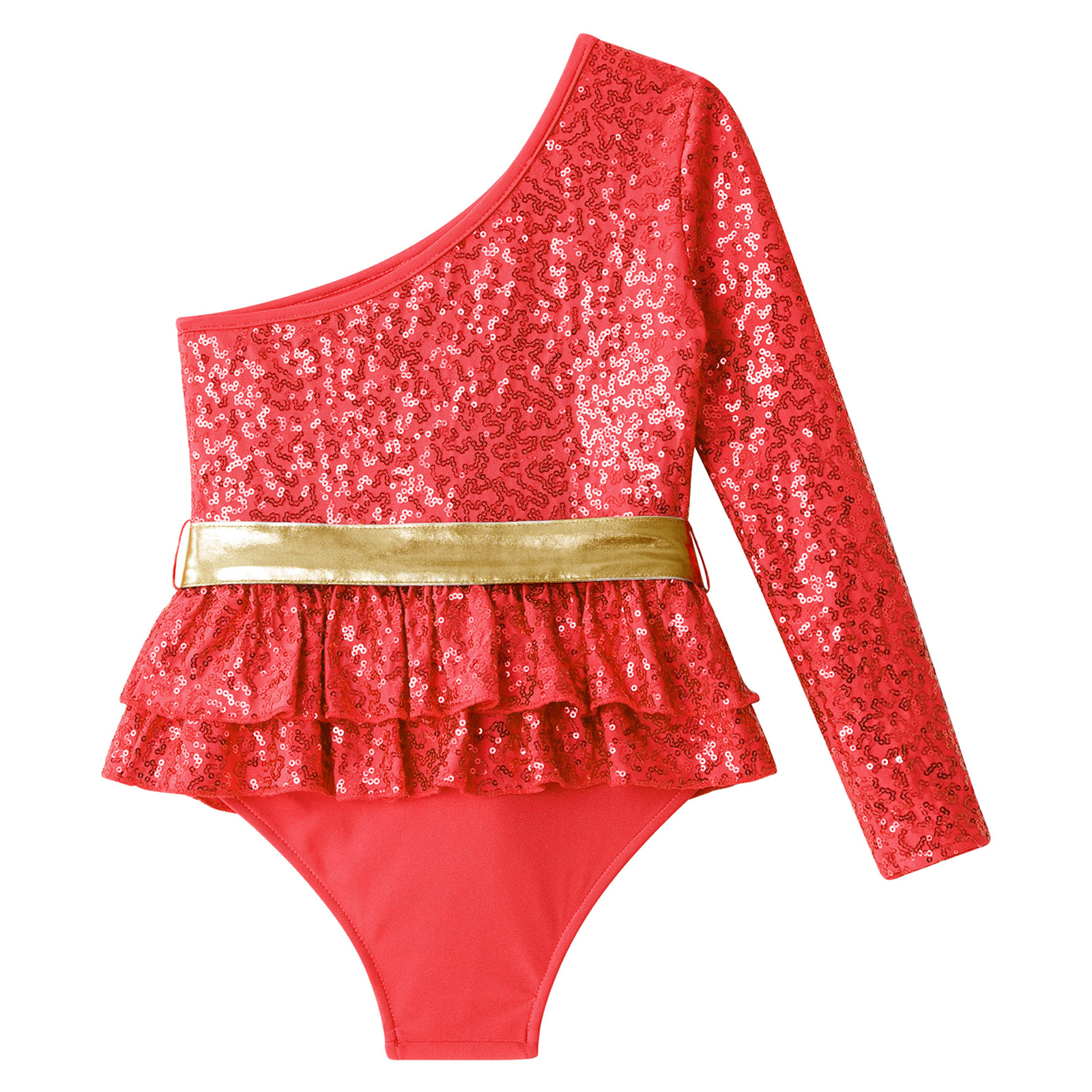 Kids Girls Gymnatics Ballet Leotards Costume Single Long Sleeve Oblique Shoulder Shiny Sequins Tiered Ruffle Briefs Hem Jumpsuit aca91