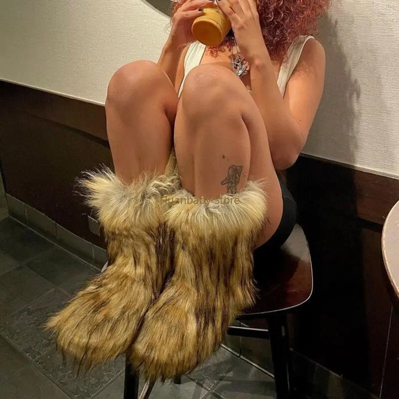 25 CM Womens Winter Boots Fluffy Faux Fox Fur Ladays Plush Warm Snow Boots Footwear Girl Furry Fur Bottes Fashion Shoes 241112