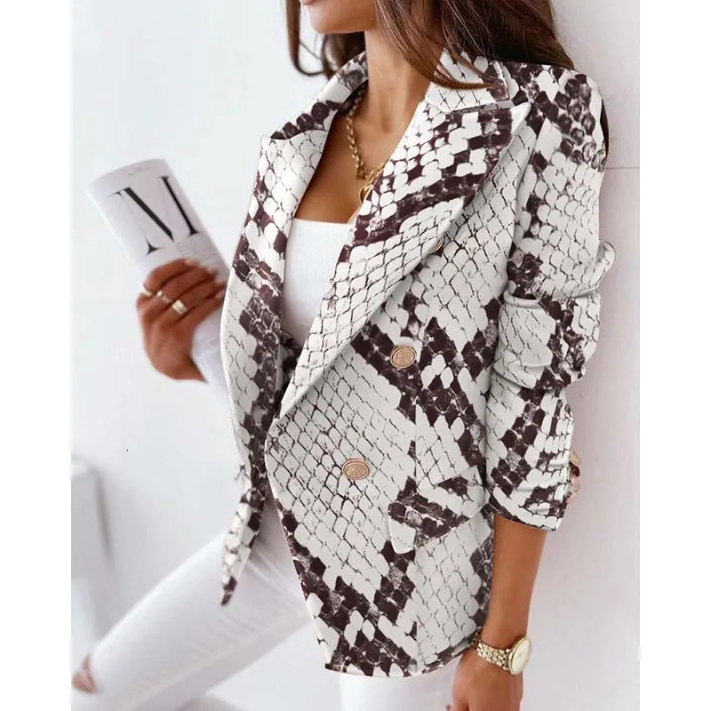 Womens plain weave jacket fashionable long sleeved double chest printed jacket beige jacket womens jacket office set 241111