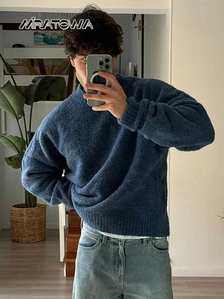 Thick and Warm Half Turtle Neck Sweater Mens Solid Long Sleeve Loose Wool Knitted Pulling Flower Casual Fashion Mens Knitted Jumper W2411111