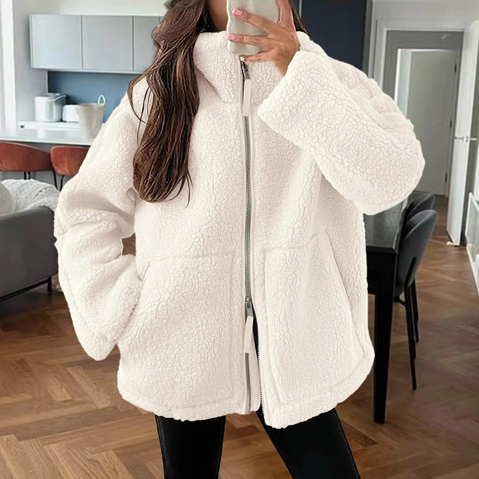 Womens camouflage wool jacket casual long sleeved oversized Sherpa warm jacket double zipper winter teddy jacket pocket jacket 241112