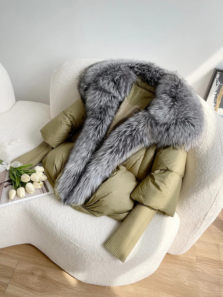 ANNSIRGRA Womens Winter Coat White Duck Down Jacket Super Large Real Silver Fox Fur Collar Knitted Sleeve Fashion Outerwear 241111