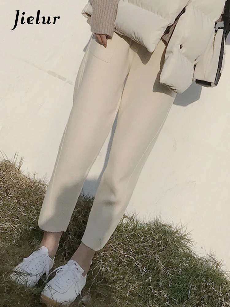Jielur Spring casual elastic waist loose womens wool pants autumn and winter harem pants high waist S-4XL size pocket Pantalon 241112
