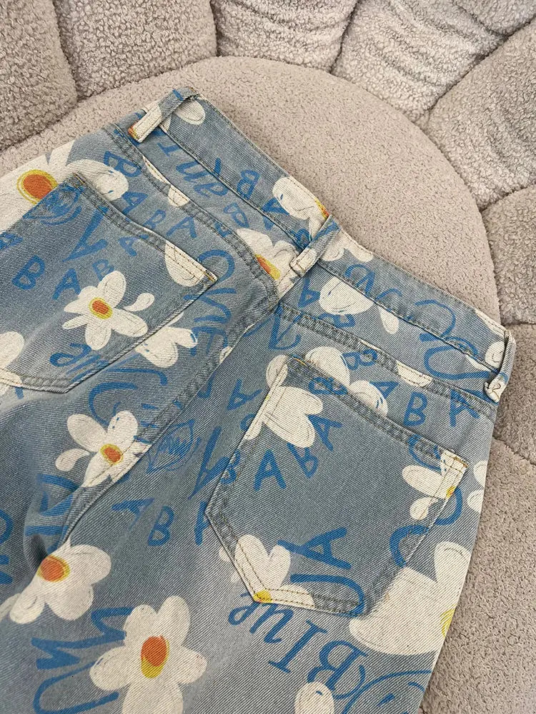 American retro men and women trendy personalized jeans for spring autumn couples loose straight leg washed casual pants y2k 241112