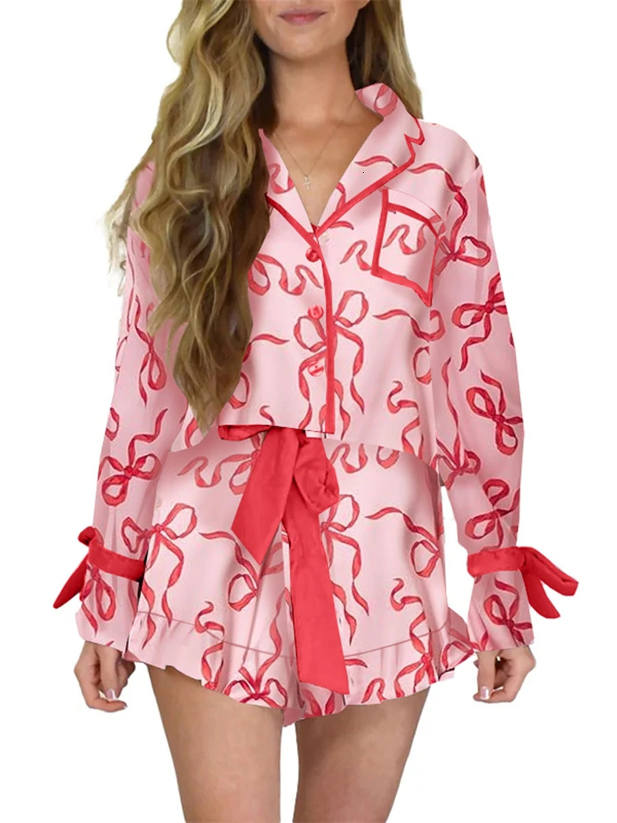 2025 Women Christmas Pajamas Set Santa Print Bow Tie Long Sleeve Shirts Shorts 2 Piece Sleepwear Outfits Loungewear 241127