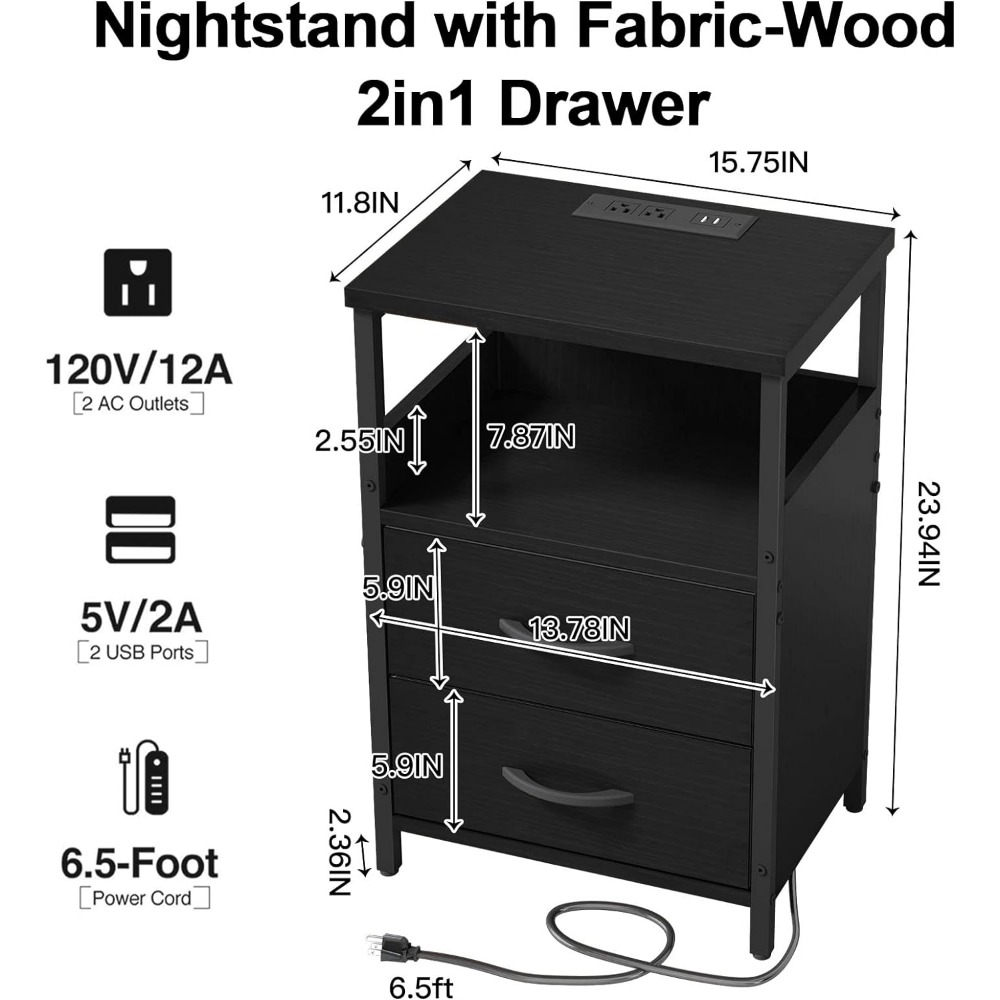 KHLJJU Nightstand with Charging Station,Side Table for Small Spaces, White Bedside Tables with Outlets for Living Room