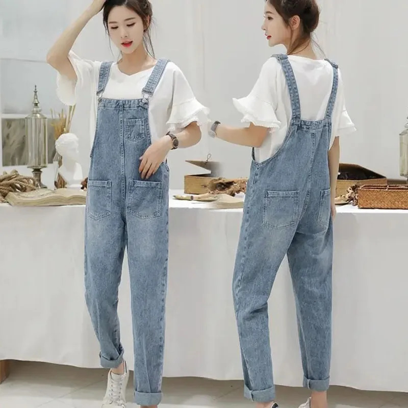 Biyaby Washed denim jumpsuit for womens casual high waisted blue wide leg pants for womens spring Korean loose pocket Jean Overalls 241112
