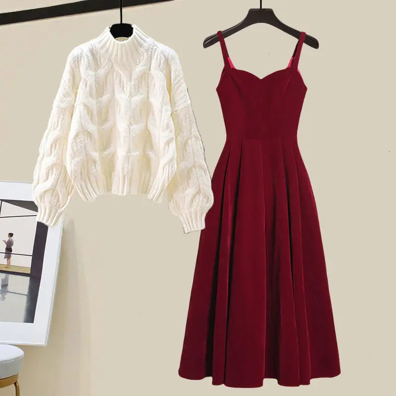 Autumn/Winter Womens Set Korean Edition Year Robe Red SweaterWarm Dress Two Piece Set 241112