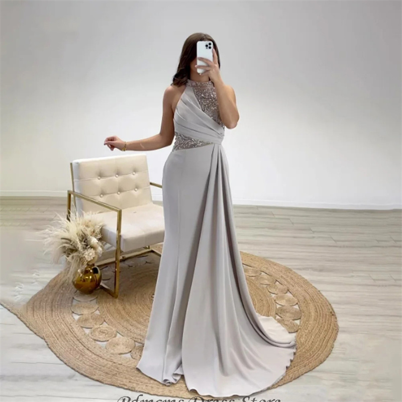 Beaded High Collar Prom Dresses Evening Gown Halter With Crystal Womens Special Ocn Dress Side Train Satin Robe Des Marrige 6660306