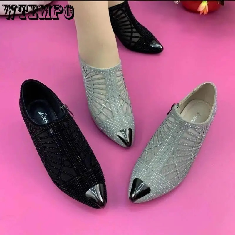 Soft leather mesh sandals hollow rhinestone toe shallow mouth slider low heeled womens boots spring and autumn 241111