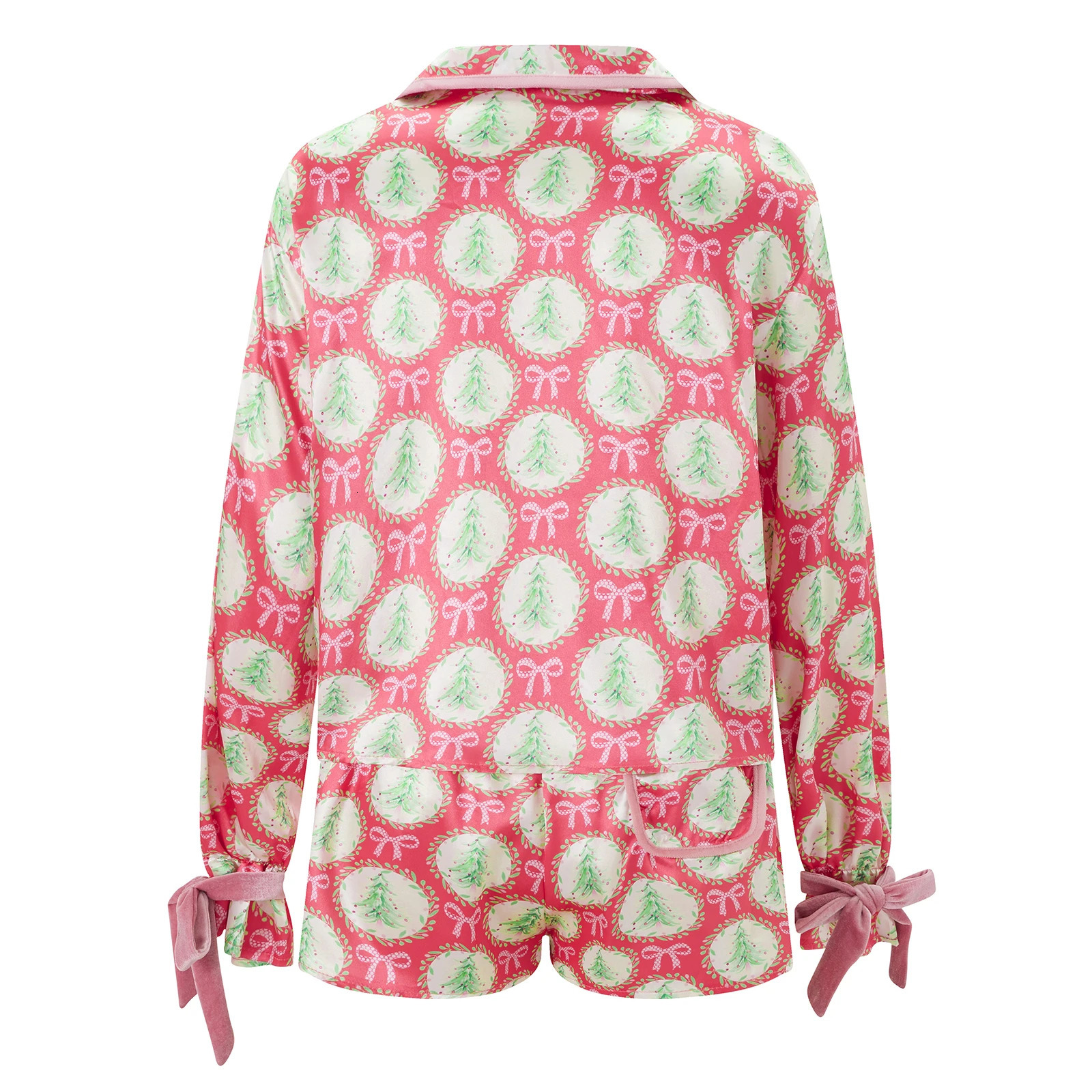 Women Christmas Pajama Set SantaTree Print Lapel Neck Button Tie Knot Long Sleeve Shirts Tops Shorts 2-Piece Loungewear Outfits 241112