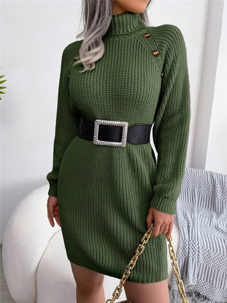 Womens Turtleneck long sleeved ribbed knitted sweater chiffon dress autumn solid color military green tight mini dress 241111