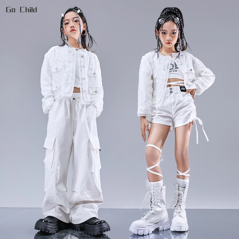 Girls Hip Hop Sequin Elegant Jacket Cargo Pants Street Dance Clothes Set Kids Jazz Sweatshirt Shorts Costume Children Streetwear 241112