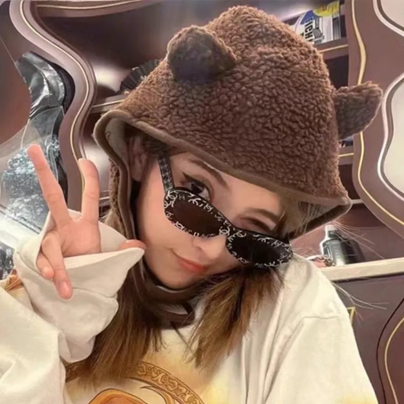 New Brown Bear Ear Scarf Beanies Men Women Winter Safety Helmet Rockwool Magnetic Buckle Outdoor Protector Hat with Earflaps