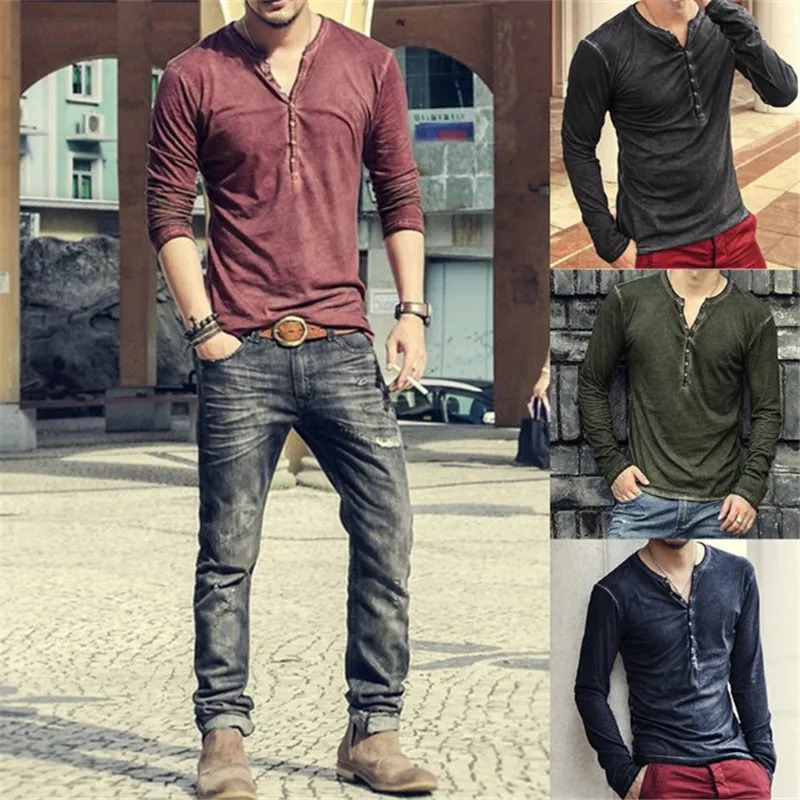 Autumn ultra-fine solid V-neck mens long sleeved T-shirt Y2K fashionable mens street clothing 100% pure cotton retro T-shirt 241112